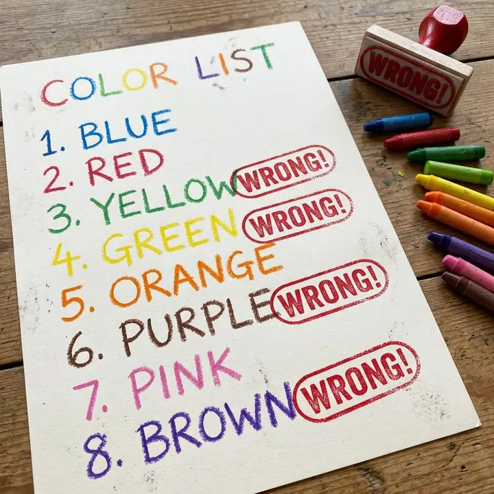 Color names written in crayon with four stamped "Wrong!" in red ink