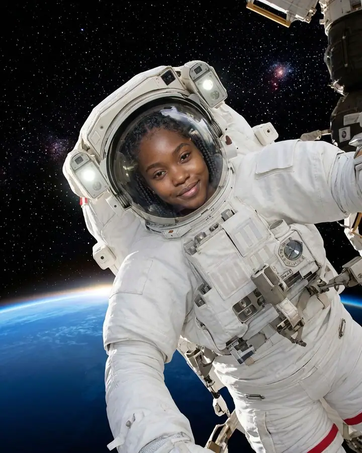 AI example of a woman in a spacesuit floating above Earth