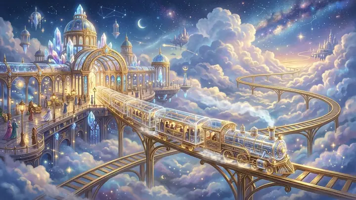 Glass train on golden rails at a railway station floating among clouds