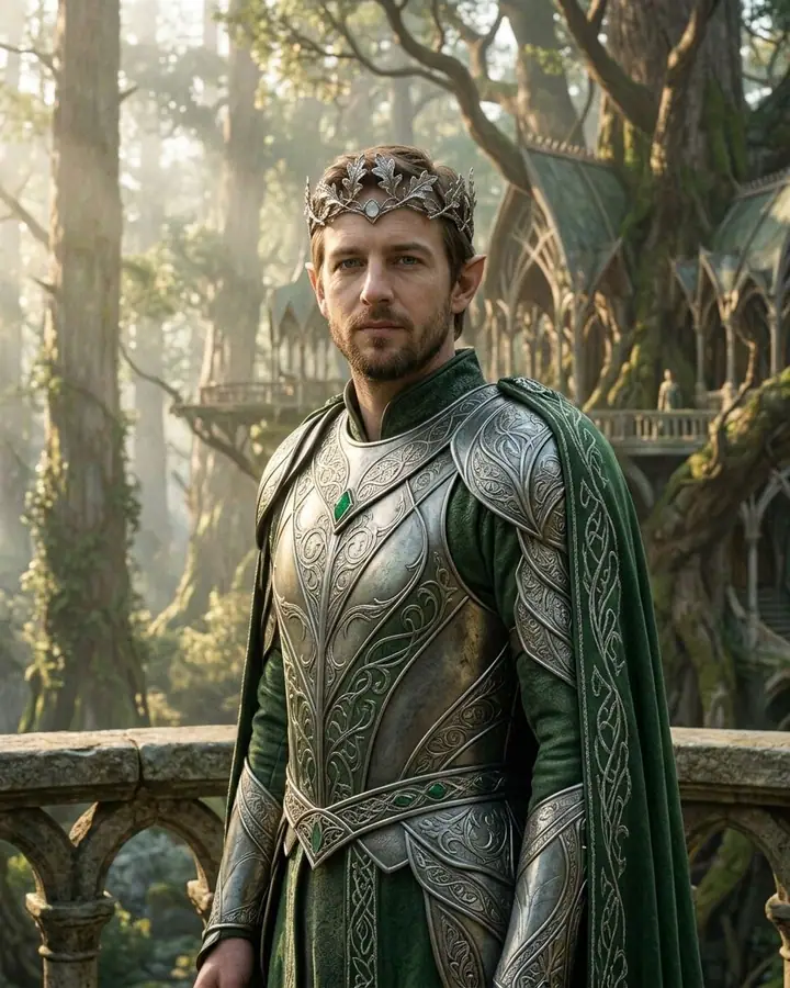 AI example of a man as elven royalty in silver armour with a leaf crown