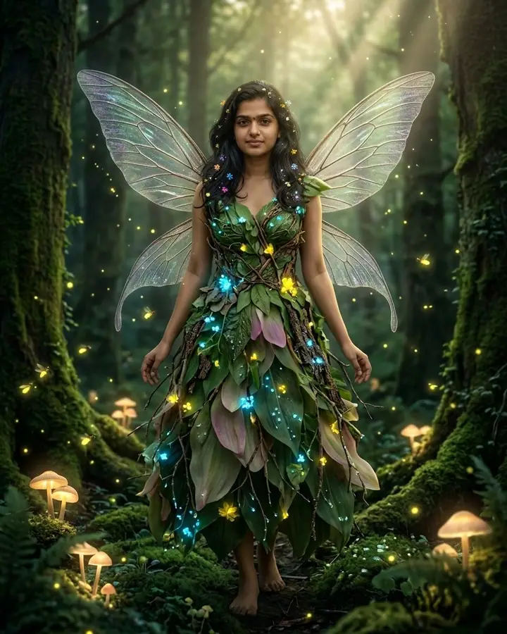 AI example of a woman as a forest fairy with iridescent wings among glowing mushrooms