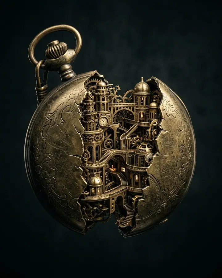 Object cracked open to reveal a detailed miniature world carved inside it