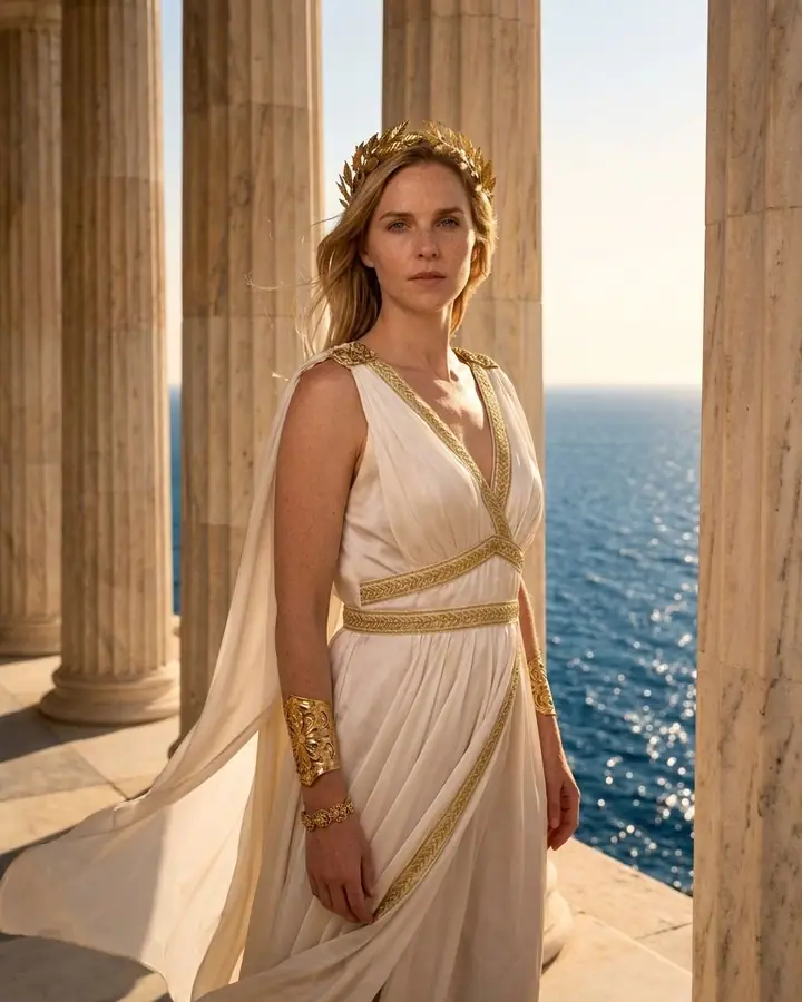 AI example of a woman in white and gold robes between marble temple columns