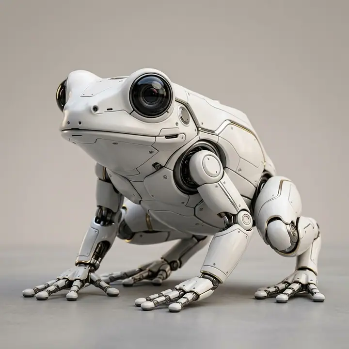White ceramic robotic frog with gold joints on a light gray background