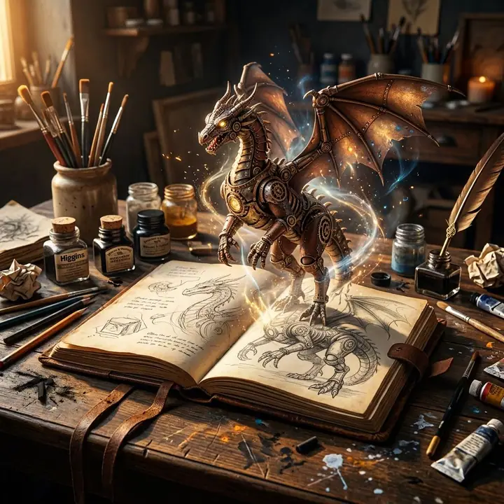 Dragon rising from an open sketchbook, turning from pencil lines into a 3D creature