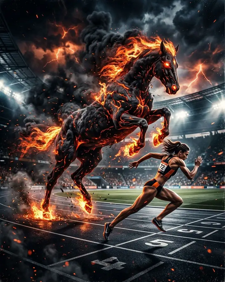 Sprinter running on a track chased by a giant horse made of smoke and fire