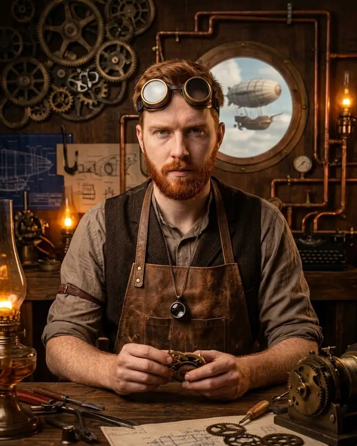 AI example of a bearded man as a steampunk inventor in a brass workshop