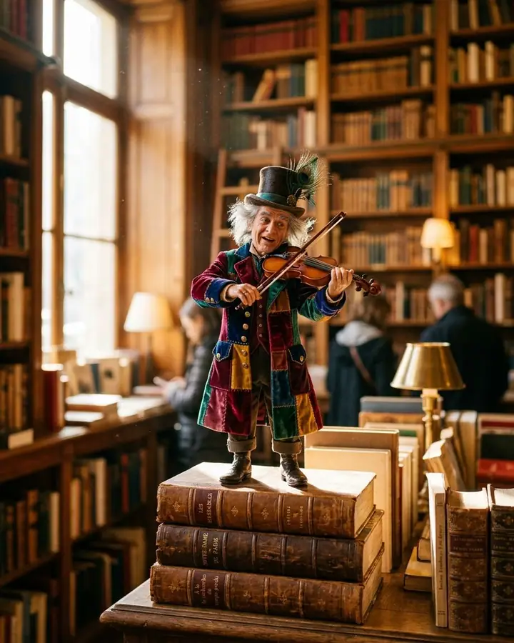 Tiny violinist in a patchwork coat performing on a stack of books in a bookshop