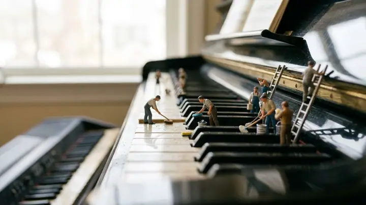 Tilt-shift photo of tiny people cleaning grand piano keys with brushes and buckets