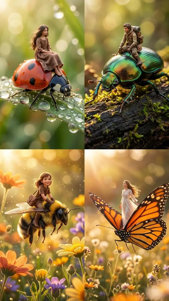 Tiny girl riding a bumblebee among bright flowers in macro photography