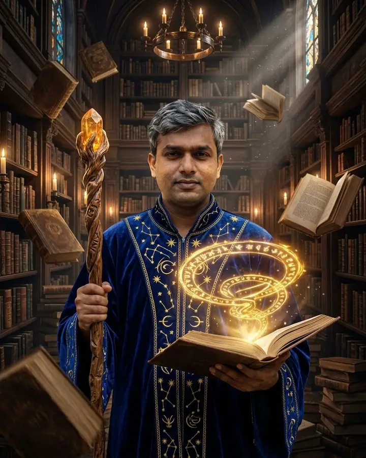 AI example of a man as a wizard casting glowing runes in an ancient library