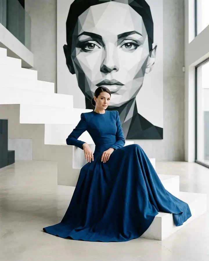 Woman in a blue gown seated on white stairs before a large geometric portrait of herself