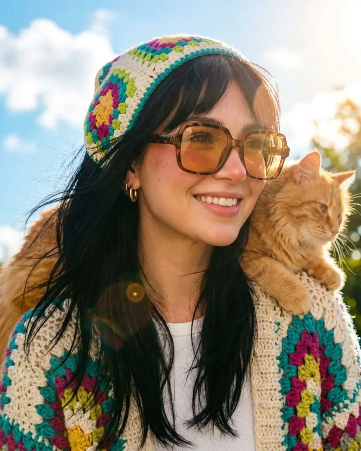 Woman in a colorful crochet headscarf and sunglasses with an orange cat on her shoulder