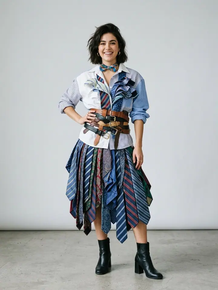 Woman in an outfit made from shirts, ties and belts in a clean studio