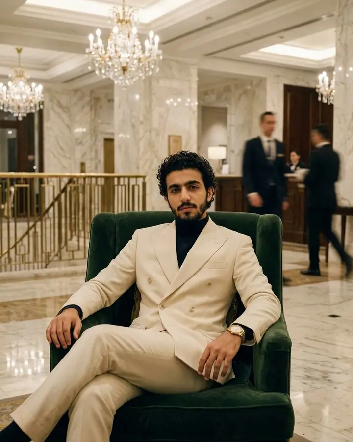 AI example of a man in a cream suit on a velvet armchair in a marble hotel lobby