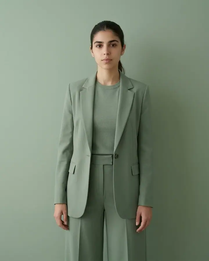 AI example of a woman in sage green tailoring against a matching backdrop