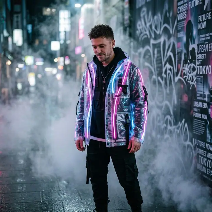 Smiling man in a translucent jacket lit with pink and blue neon in thick mist