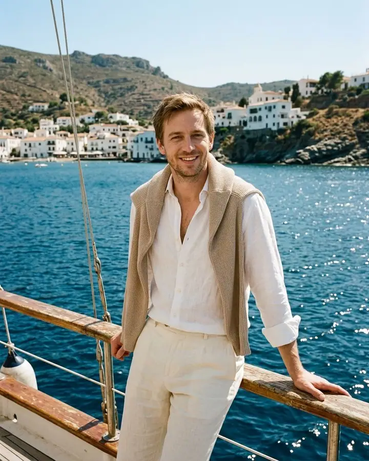 AI example of a man in white linen on the deck of a classic wooden boat