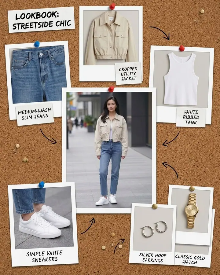 Corkboard with a central outfit photo and pinned product photos with labels