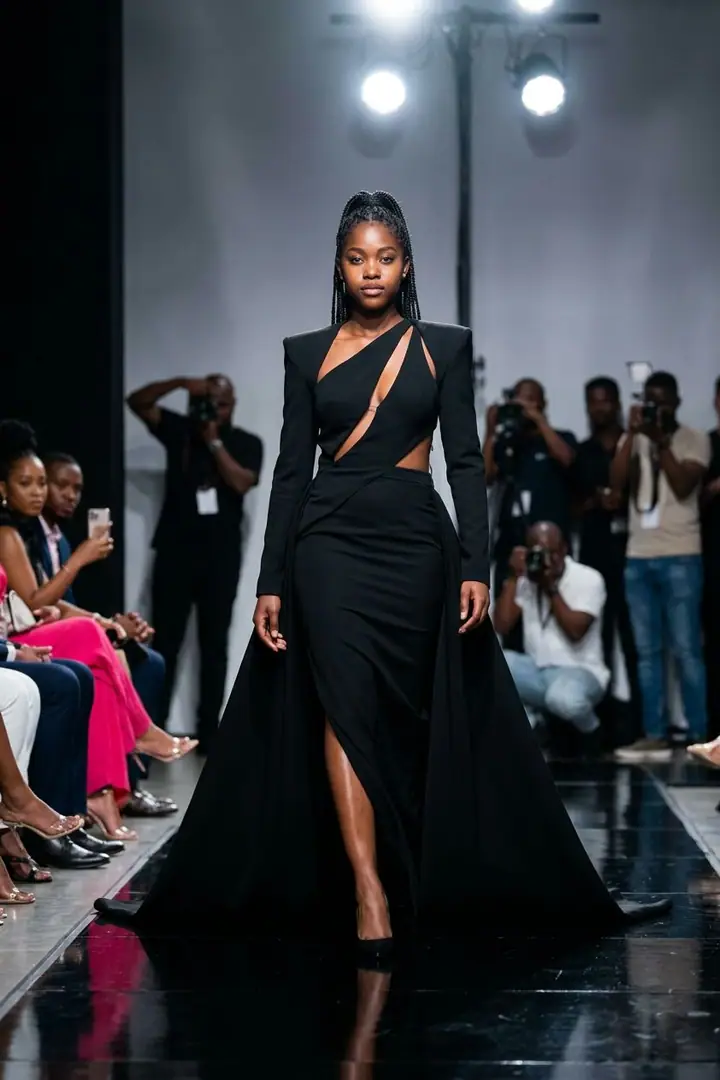 AI example of a woman walking a fashion runway under spotlights