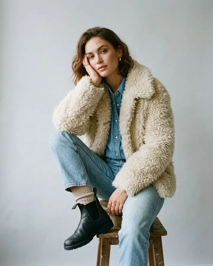 Seated model in a cream shearling jacket and jeans on a light gray studio backdrop