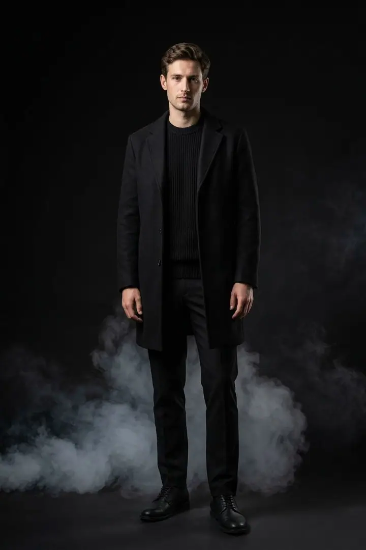 Man in a black wool overcoat and sweater standing in a dark smoky studio