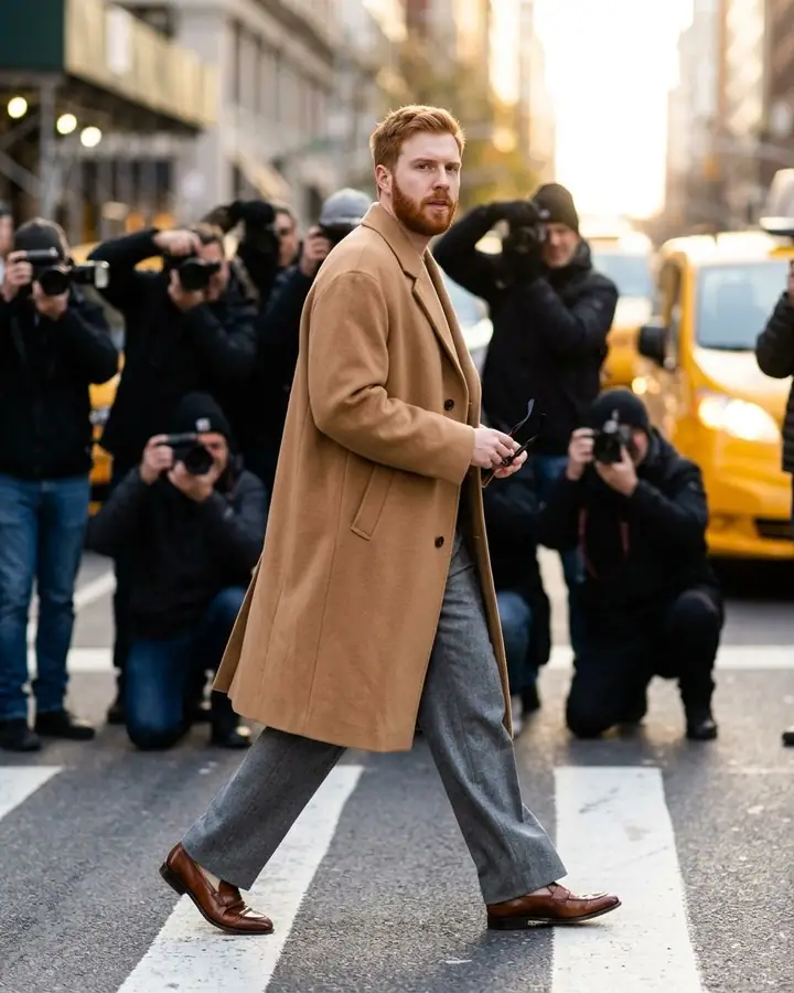 AI example of a street-style photo of a man in a camel coat crossing a city street