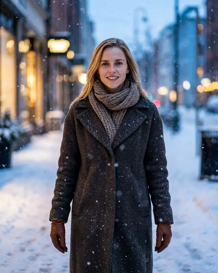 AI example of a woman in a long charcoal coat on a snowy street