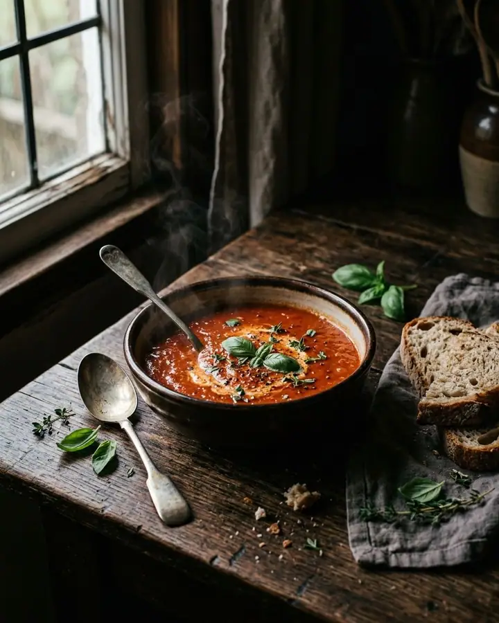 AI example of a moody low-key photo of tomato soup with crusty bread