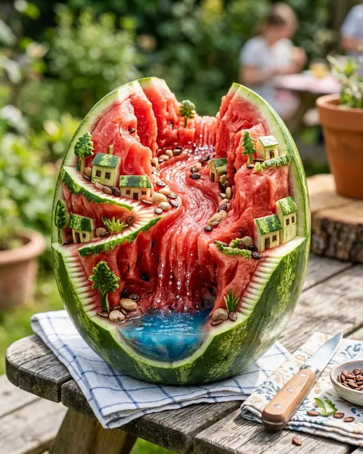 AI example of a watermelon carved into a miniature waterfall landscape