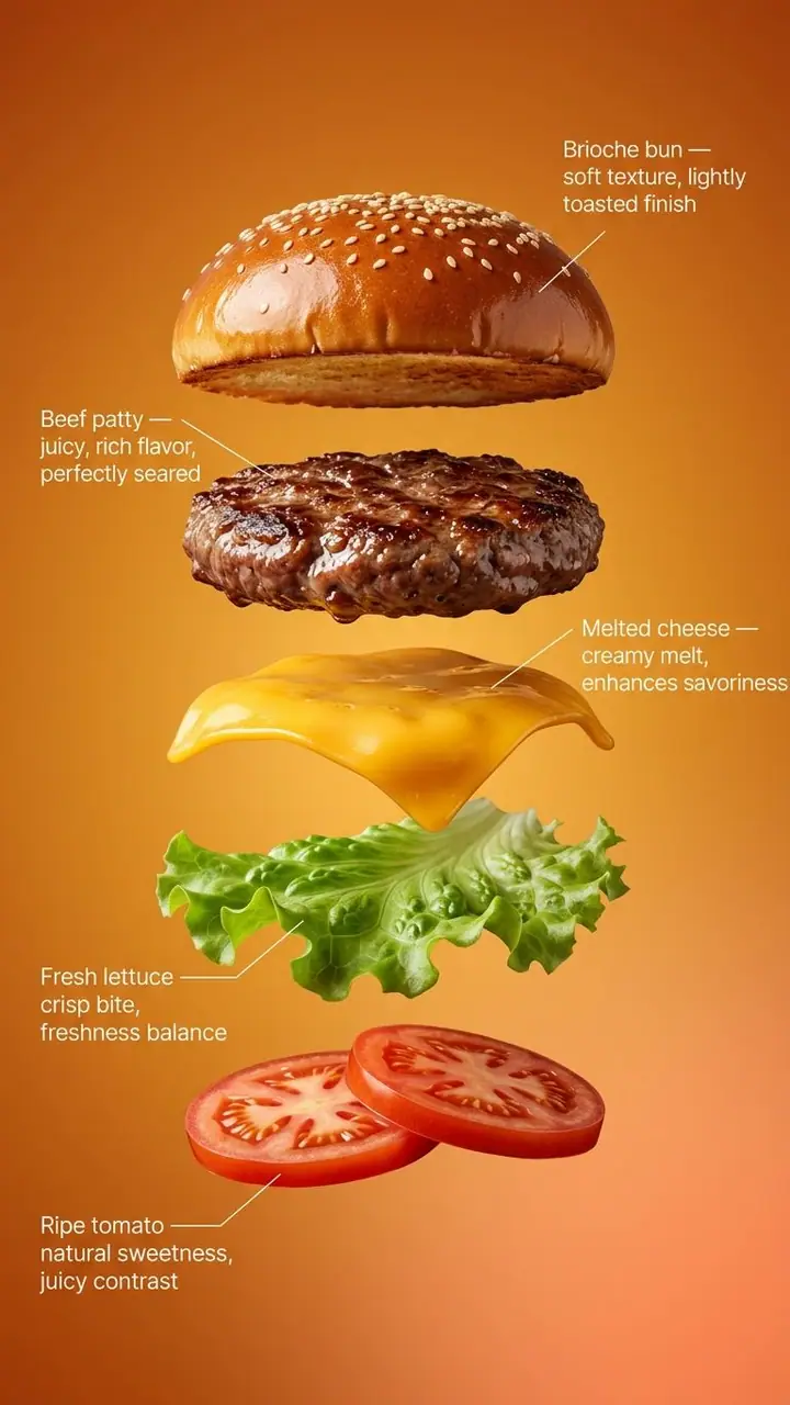 Exploded burger with labeled bun, cheese, patty, lettuce and tomato on orange