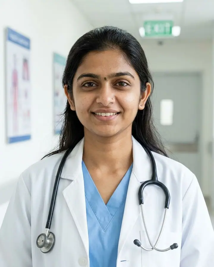 AI example of a medical headshot of a woman in a white coat with a stethoscope