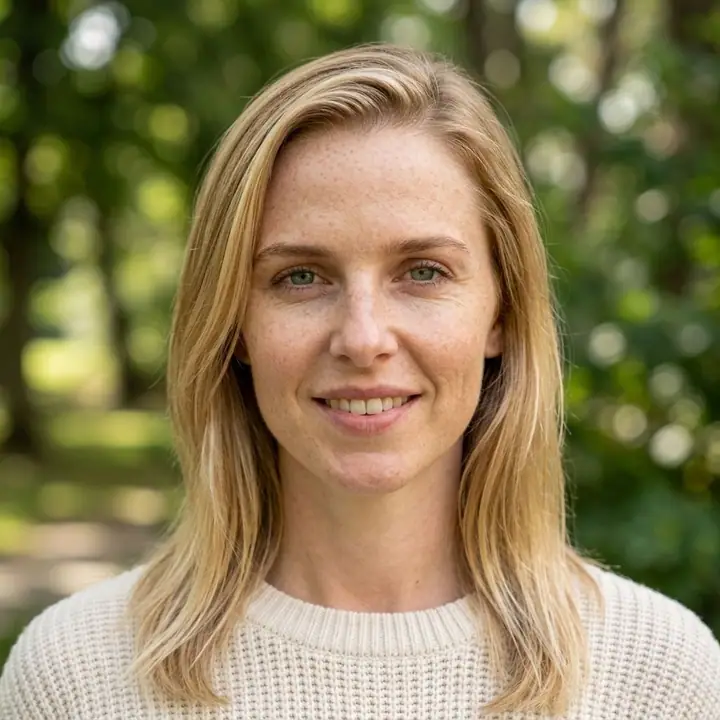 AI example of an outdoor natural-light headshot of a woman with green bokeh