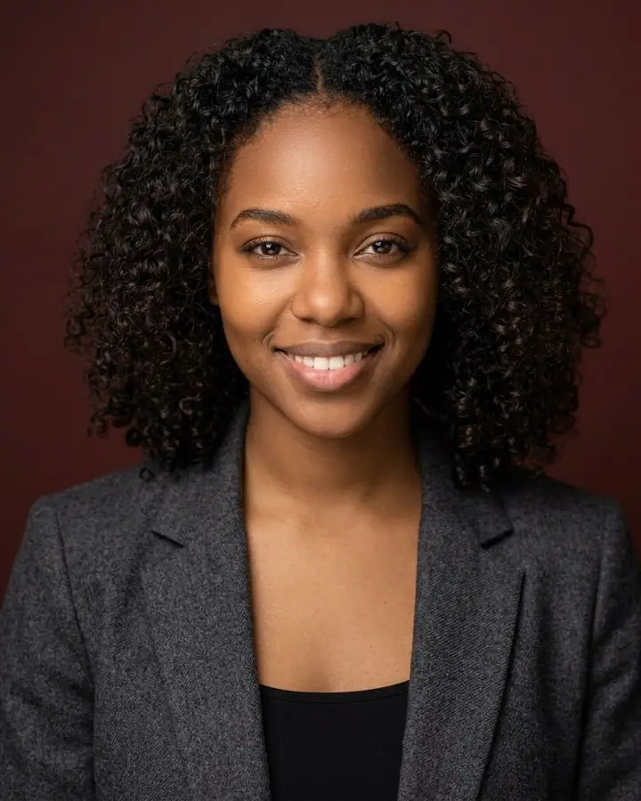 Professional chest-up headshot of a person in a charcoal blazer on a solid studio backdrop