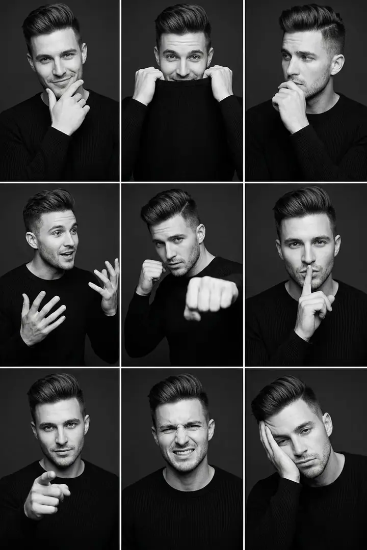 Nine black and white studio shots of the same man making different expressions