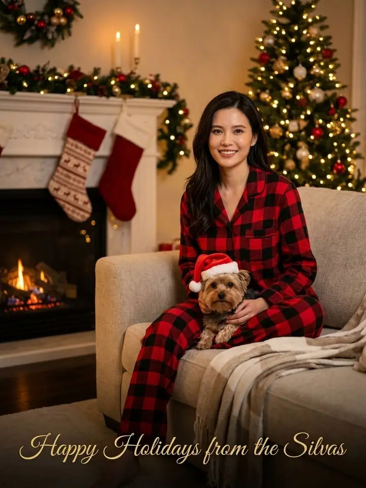 AI example of a family holiday card with matching plaid pyjamas by a fireplace