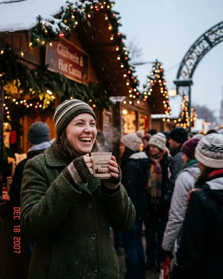 Woman laughing with hot cocoa at a festive Christmas market in light snow
