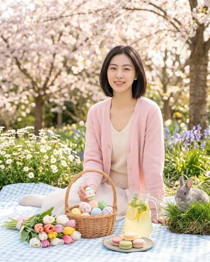 AI example of a woman at a pastel spring picnic with painted eggs and tulips