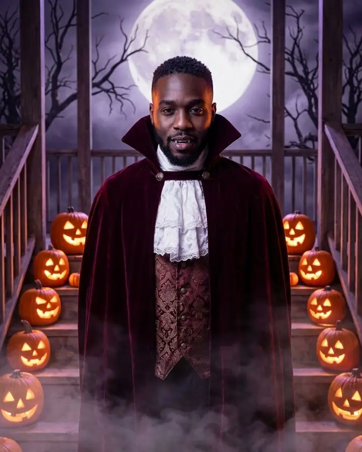 AI example of a man in a vampire costume on a pumpkin-lit porch
