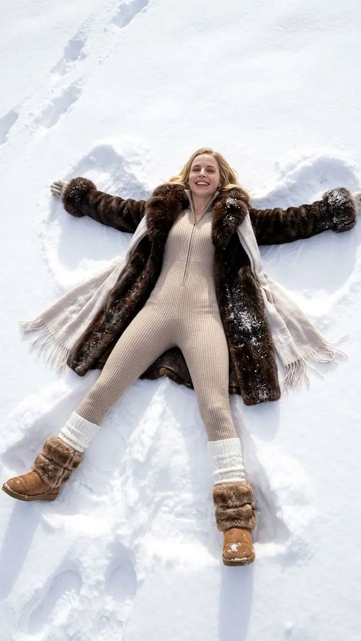 Smiling woman in a fur coat lying in fresh snow with arms spread wide