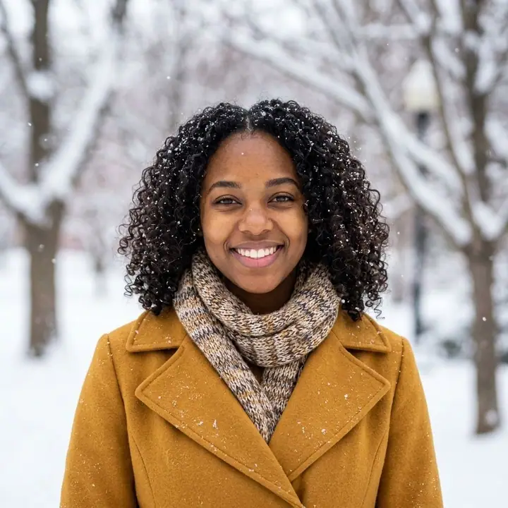 Smiling woman in a mustard coat and scarf in a snowy park