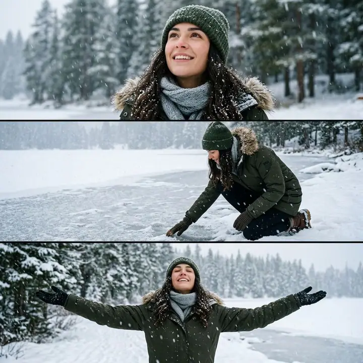Three stacked frames of a woman enjoying heavy snowfall by a frozen lake