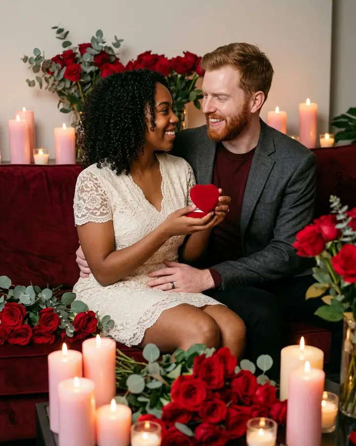 AI example of a couple on a velvet sofa surrounded by red roses