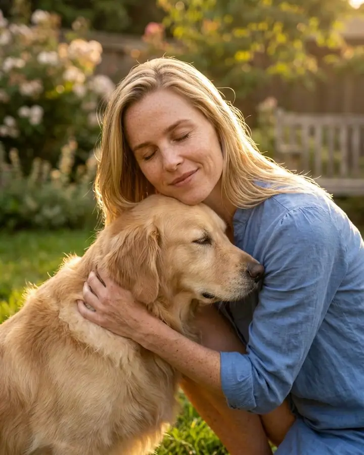 AI example of a woman kneeling in a garden hugging a golden retriever