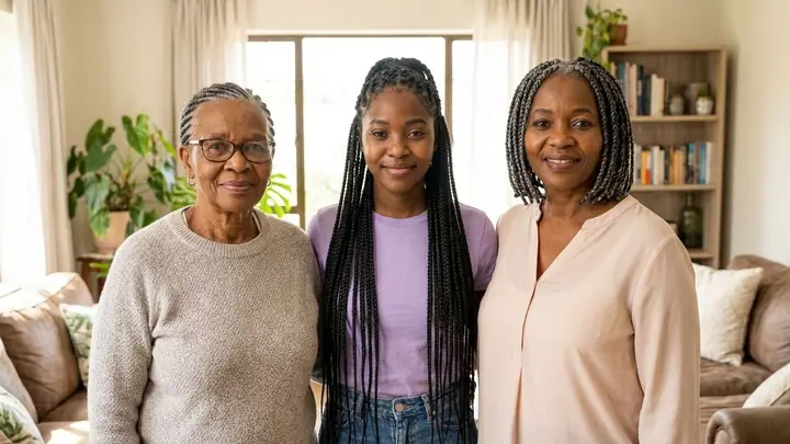 AI example of a three-generation family portrait with a strong family resemblance