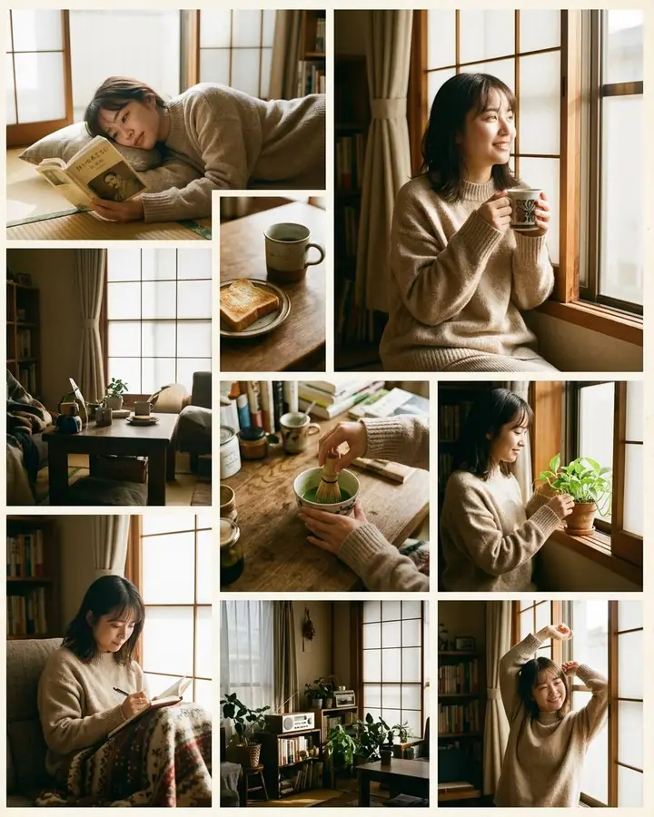 Collage of a young woman's quiet morning moments in a sunlit Japanese room