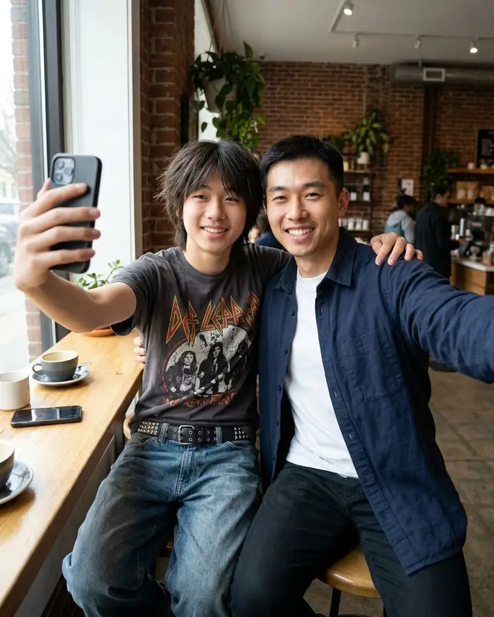 AI example of a man taking a café selfie with his teenage self