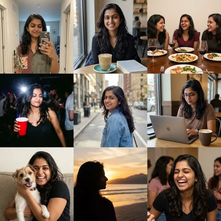 Nine-photo grid of one person's weekend: café, dinner, party, sunset and more