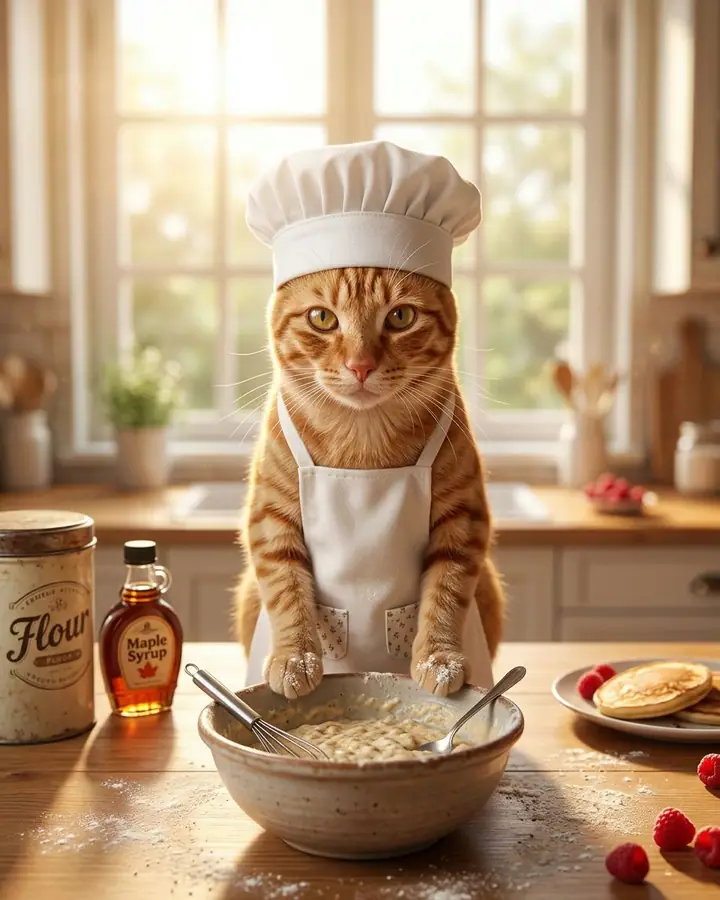 AI example of an orange tabby cat in a chef's hat at a kitchen counter