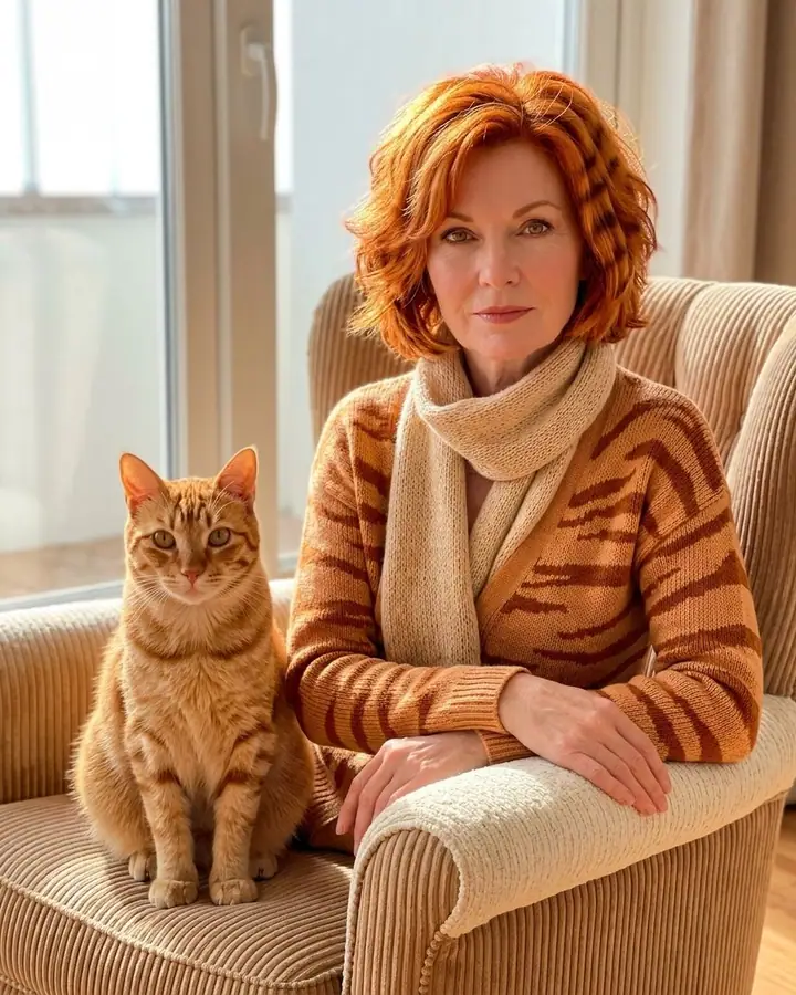 AI example of an orange tabby cat beside its imagined human version with copper hair